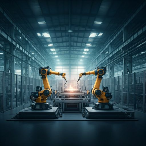 Moderne high-tech productiefaciliteit met robotarmen en lichte industriële werkruimte