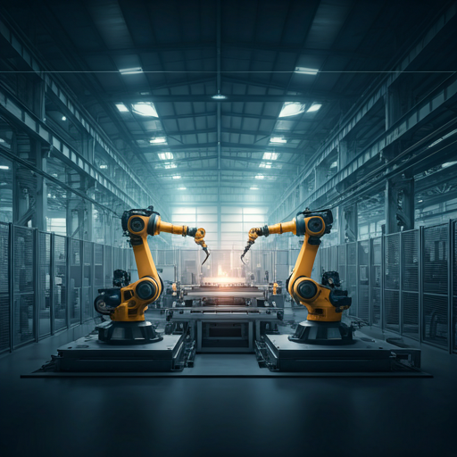 Moderne high-tech productiefaciliteit met robotarmen en lichte industriële werkruimte